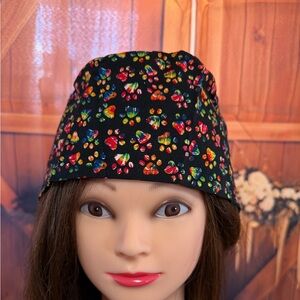 Handmade Black Multicolored Paw Prints Scrub Cap/ Nurse Hat